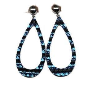 Blue metallic and black stripe Teardrop Earrings stud handmade